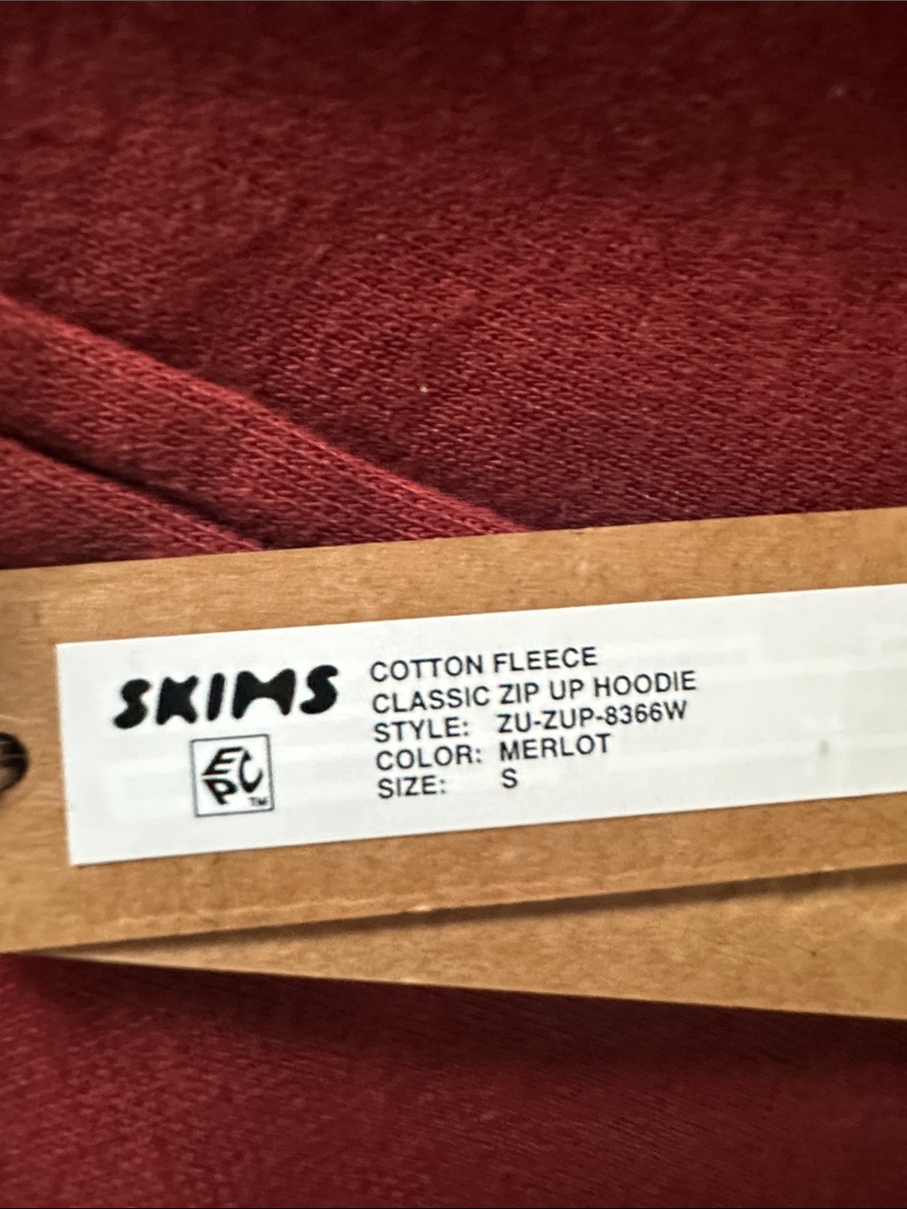 SKIMS Merlot Cotton Fleece Zip-Up Hoodie - Picture 2 of 2